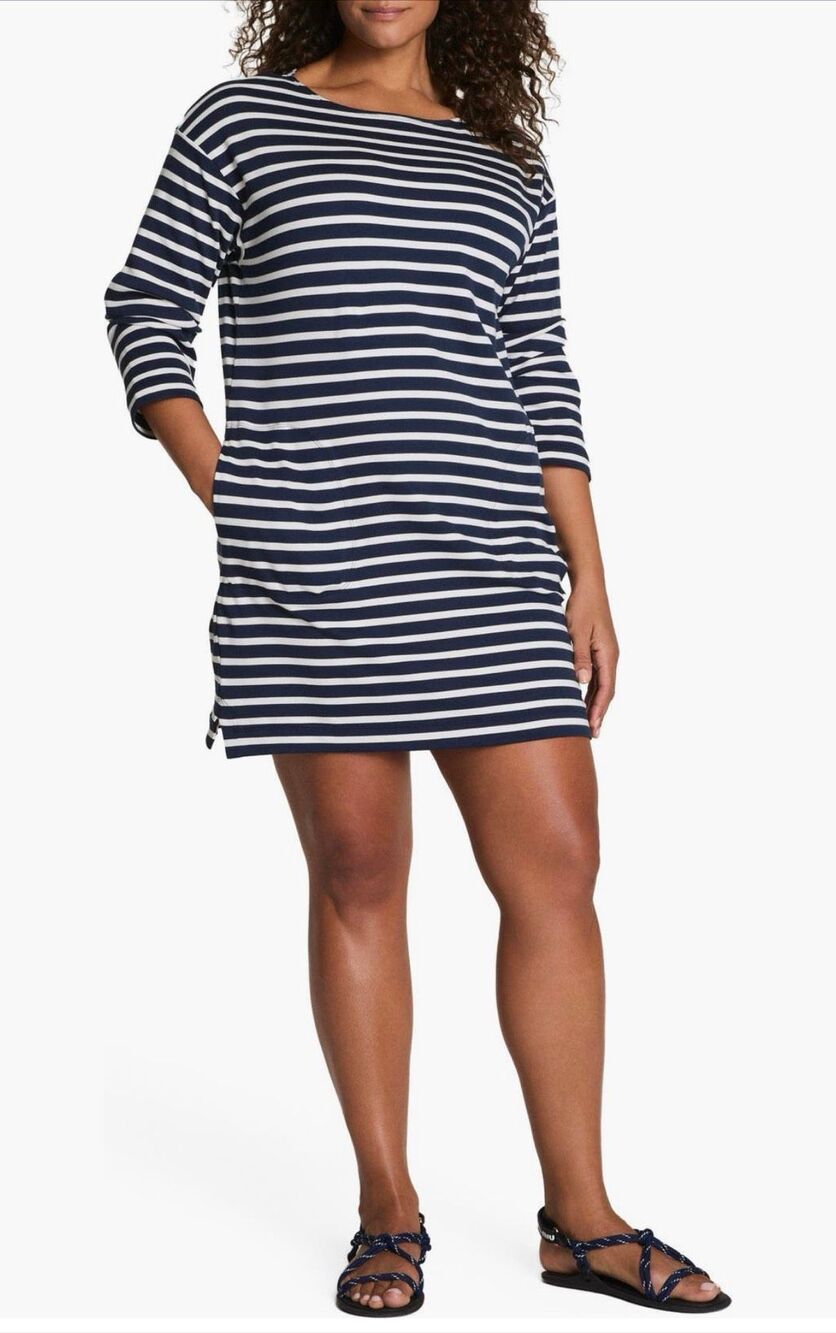 NWT SPANX Navy White Stripe Cool Cotton 3/4 Sleeve Pocket Shift Dress Size Small